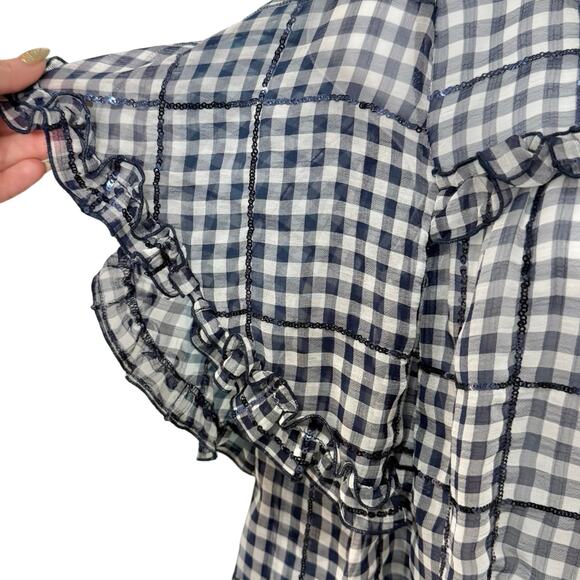 Zara Navy Blue White Gingham Sequin Flutter Sleeve Sheer Peplum Blouse size M - Picture 5 of 10